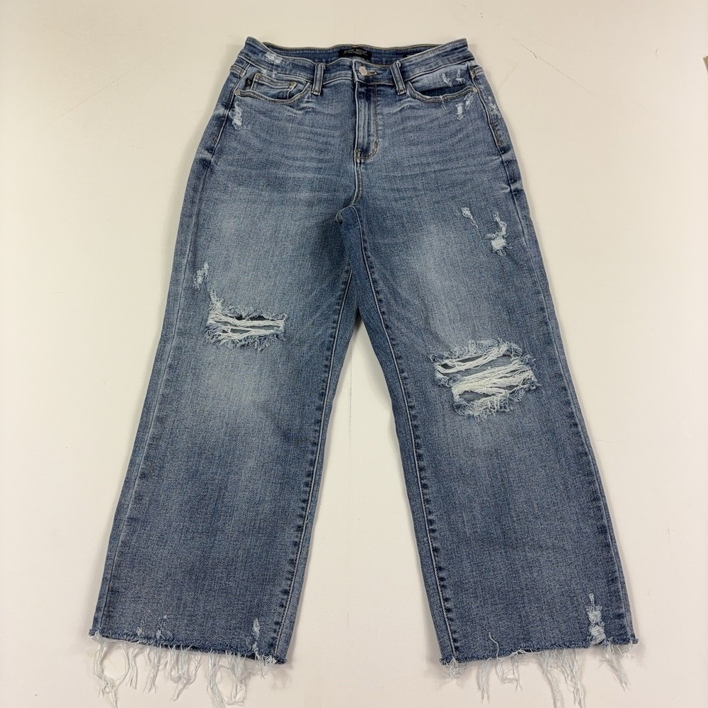 Judy Blue Jeans Juniors 9/29 Blue Medium Wash Wide Leg Distressed Crop Raw Hem